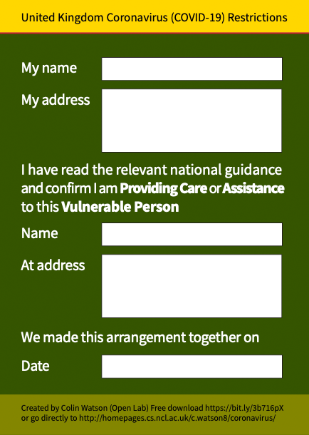 Click to download the colour Provide Care or Assistance to Someone Vulnerable template as a printable PDF